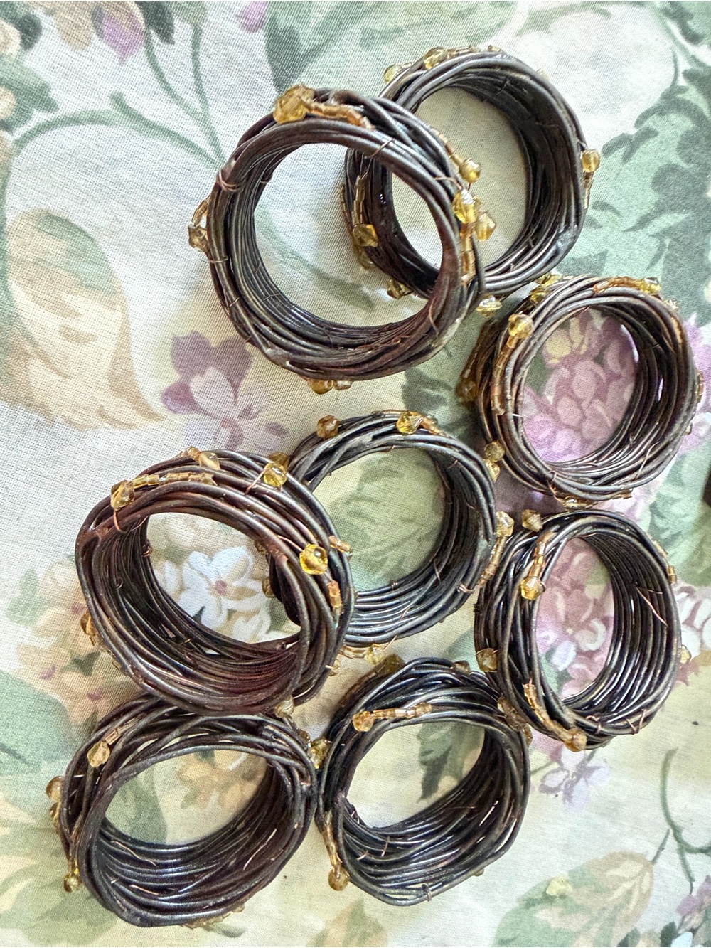 Handcrafted Bronze Wire Wrap Napkin Rings with Amber Accents - Set of 8